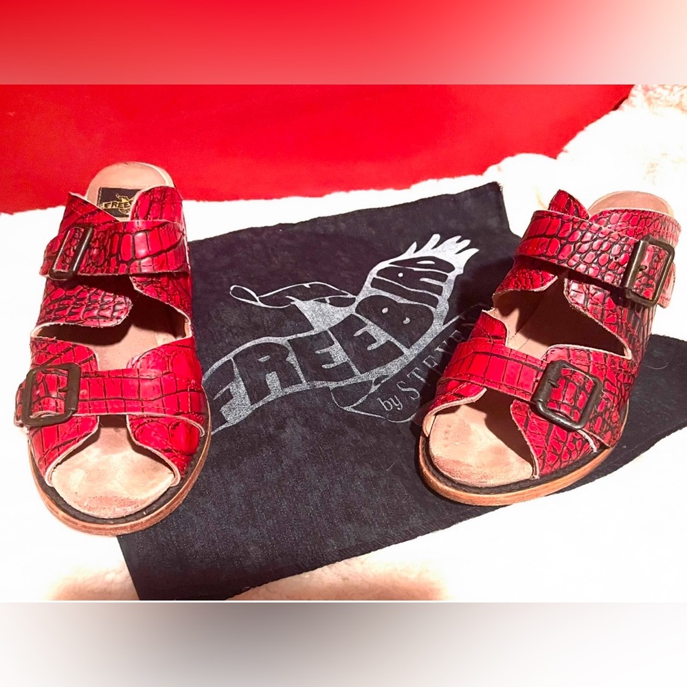 **SALE** Freebird by Steven Red Leather Caprice—RED CROC Adjustable Straps Mules